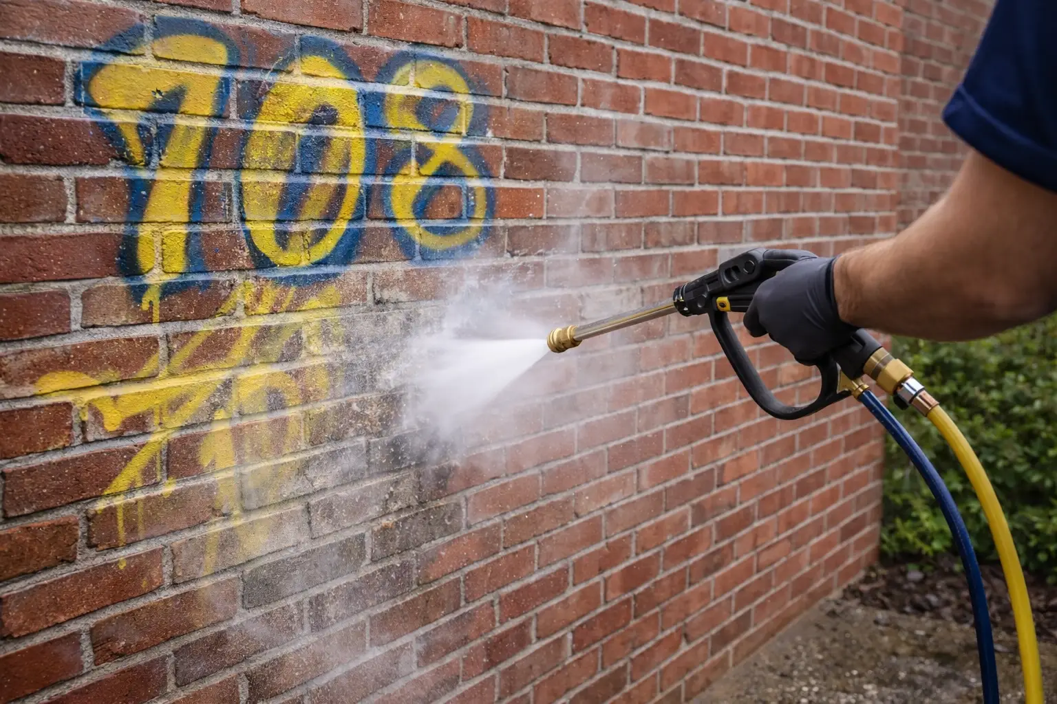 Graffiti removal in progress on brick wall