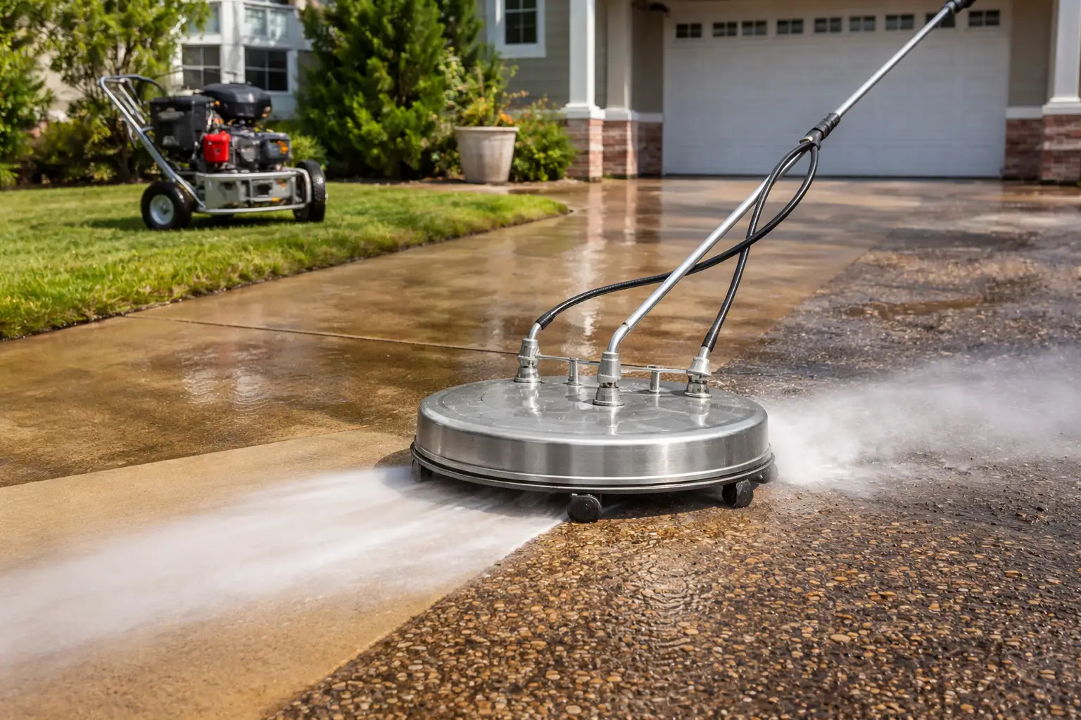 Pressure washing stained driveway