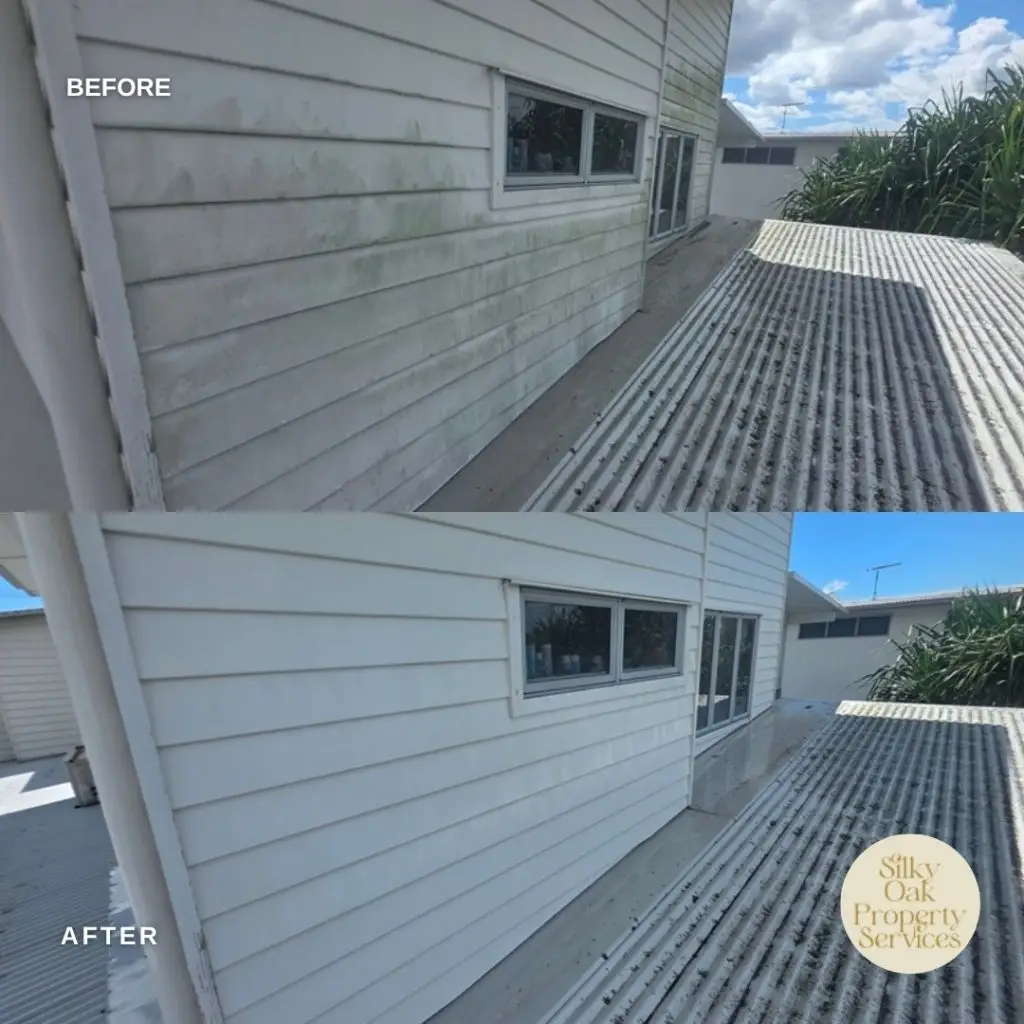 Before and after external mould removal on weatherboard siding in North Brisbane