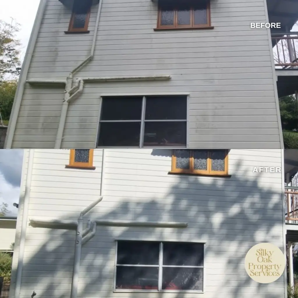 Before and after mould removal from exterior house siding in North Brisbane