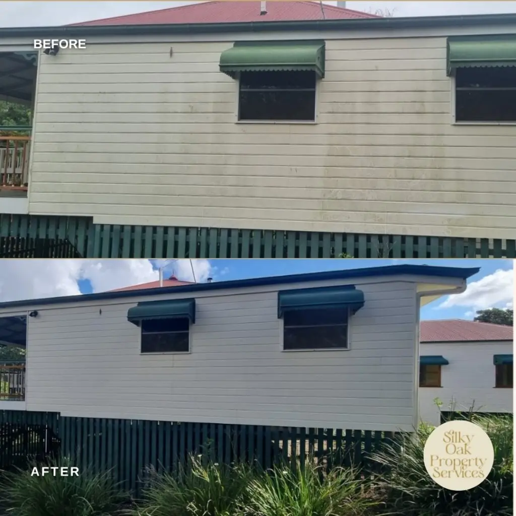 Before and after exterior cleaning of a Queenslander-style weatherboard house in North Brisbane