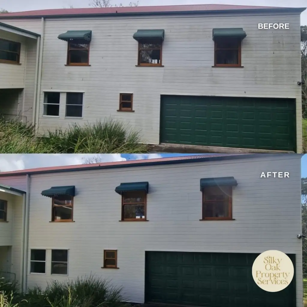Before and after exterior cleaning of a two-storey weatherboard home in North Brisbane