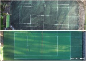 Synthetic tennis court surface before and after cleaning, aerial view