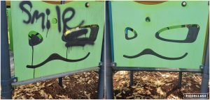 Graffiti removal from playground panel, before and after