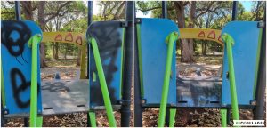 Graffiti removal from playground equipment, before and after