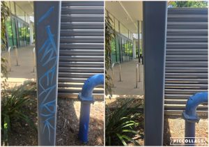 Graffiti removal from park shelter panels, before and after