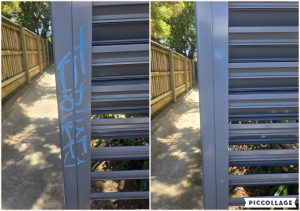 Graffiti removal from timber fence, before and after