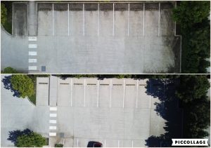 Commercial carpark before and after pressure washing, aerial view