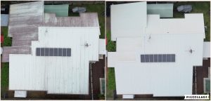 Multi-unit roof cleaning before and after, aerial view