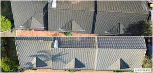 House roof cleaning before and after, aerial view