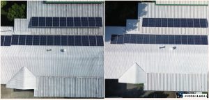 Metal roof and solar panels cleaning before and after, aerial view