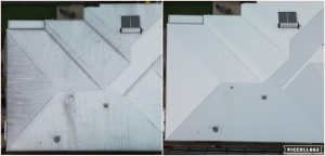 Roof cleaning before and after, aerial view