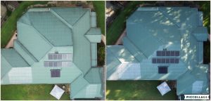 Metal roof cleaning before and after, aerial view