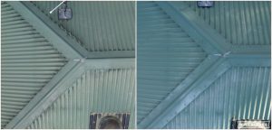Metal roof cleaning before and after, aerial view