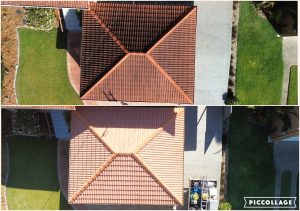 Tile roof cleaning before and after, aerial view of home with pool