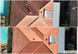 Tile roof cleaning before and after, aerial view