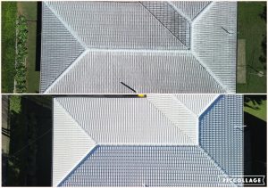 Multi-gable roof cleaning before and after, aerial view