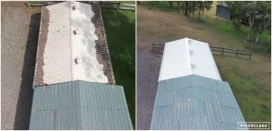 Commercial building roof cleaning before and after, aerial view
