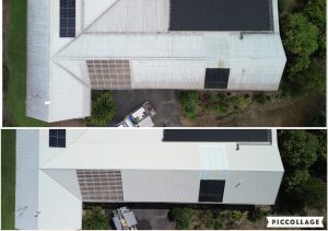 House roof cleaning before and after, aerial view