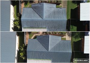 Metal roof cleaning before and after, aerial view