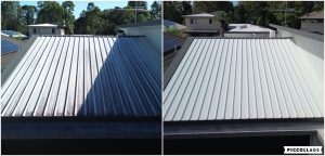 Metal roof cleaning before and after, aerial view