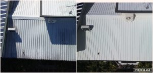 Roof cleaning before and after, aerial view