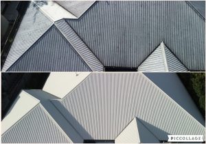 Roof cleaning before and after, aerial view