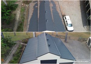 Tile roof complex cleaning before and after, aerial view