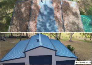 Tile roof cluster cleaning before and after, aerial view