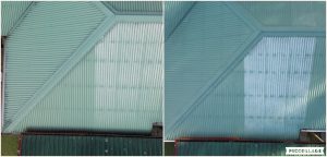 Multi-unit roof complex cleaning before and after, aerial view