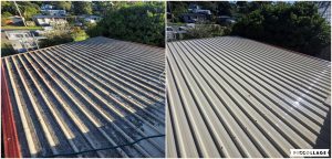 Commercial building roof cleaning before and after, aerial view