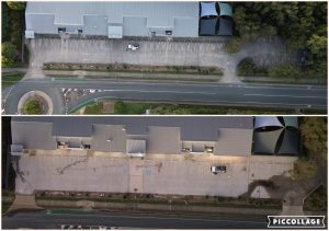 Tile roof cleaning before and after, aerial view