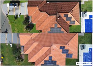 Roof cleaning before and after, aerial view