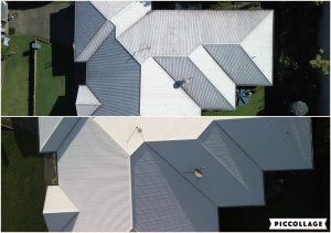 Multi-gable roof cleaning before and after, aerial view