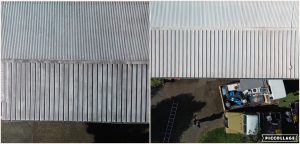 Commercial building roof and carpark before and after, aerial view