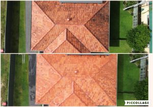 Large tile roof cleaning before and after, aerial view