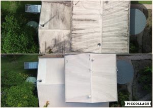 Multi-gable building roof cleaning before and after, aerial view