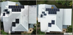 Solar panels and metal roof before and after cleaning, aerial view
