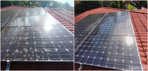 Solar panel and tile roof edge before and after cleaning