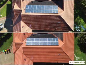 Solar panels on tile roof before and after cleaning, aerial view