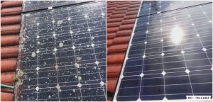 Solar hot water panel on tile roof before cleaning